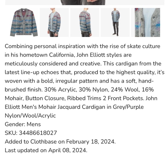 John Elliott Men’s Mohair Jacquard Cardigan with Multicolor Stripes - Picture 6 of 12